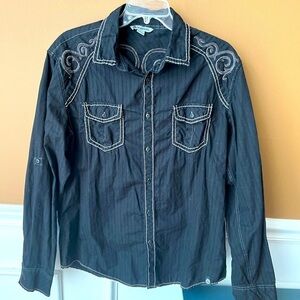 SURPLUS Men’s Western Black Embroidered Shirt Button Down Affliction Y2K Size L